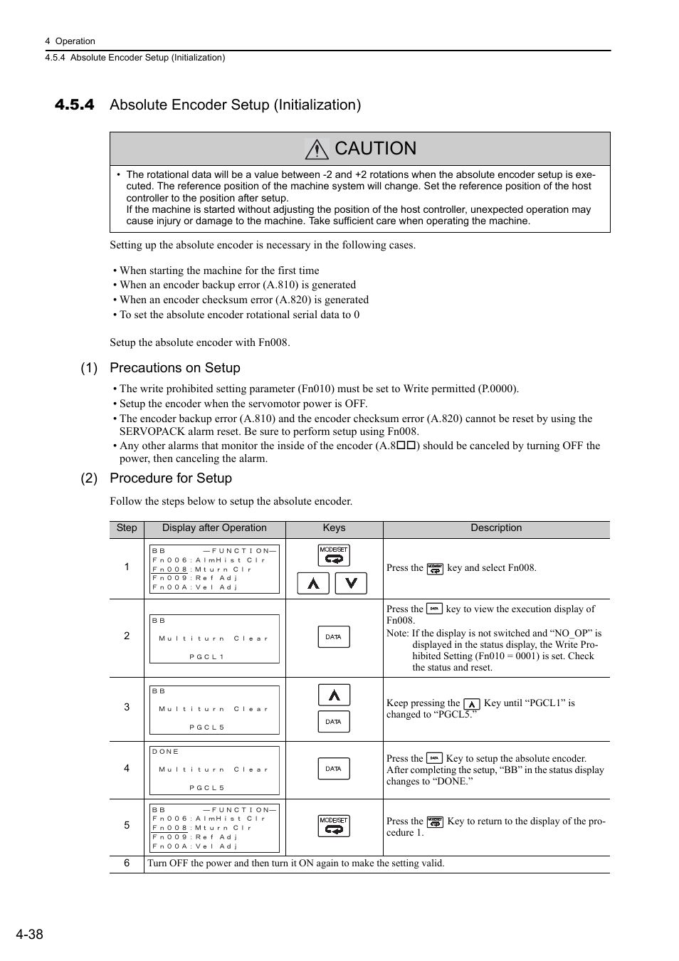 4 absolute encoder setup (initialization), Caution, 1) precautions on setup | 2) procedure for setup | Yaskawa Sigma-5 User Manual: Design and Maintenance - Rotary Motors User Manual | Page 121 / 329