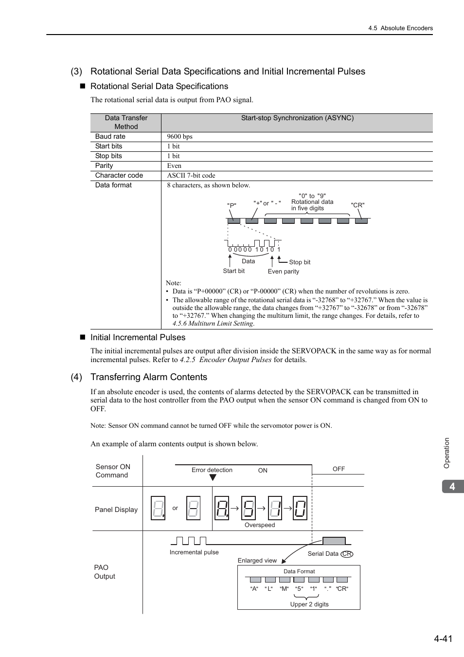 4) transferring alarm contents, Rotational serial data specifications, Initial incremental pulses | Yaskawa Sigma-5 User Manual: Design and Maintenance - Rotary Motors User Manual | Page 124 / 329