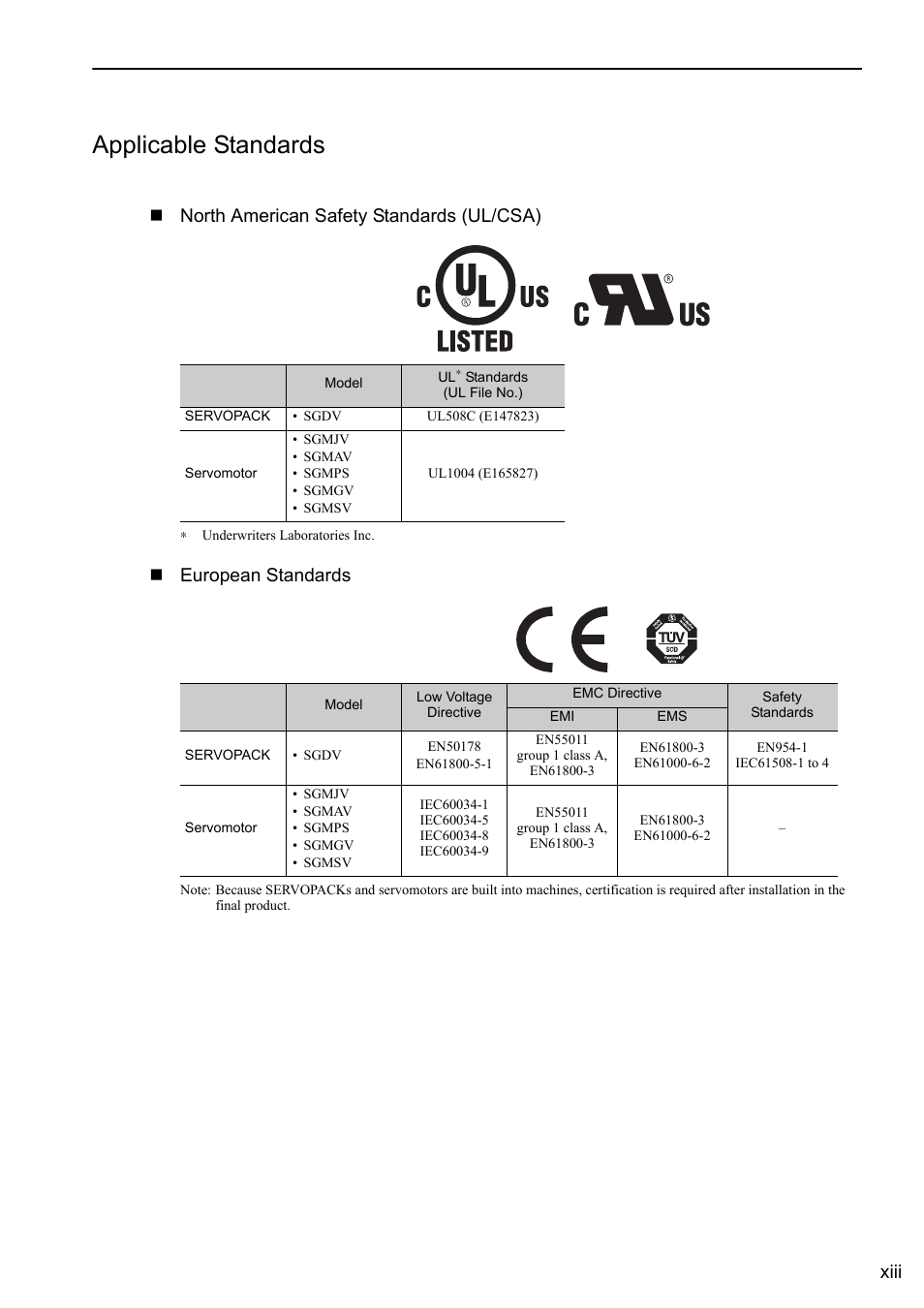 Applicable standards, Xiii, North american safety standards (ul/csa) | European standards | Yaskawa Sigma-5 User Manual: Design and Maintenance - Rotary Motors User Manual | Page 13 / 329