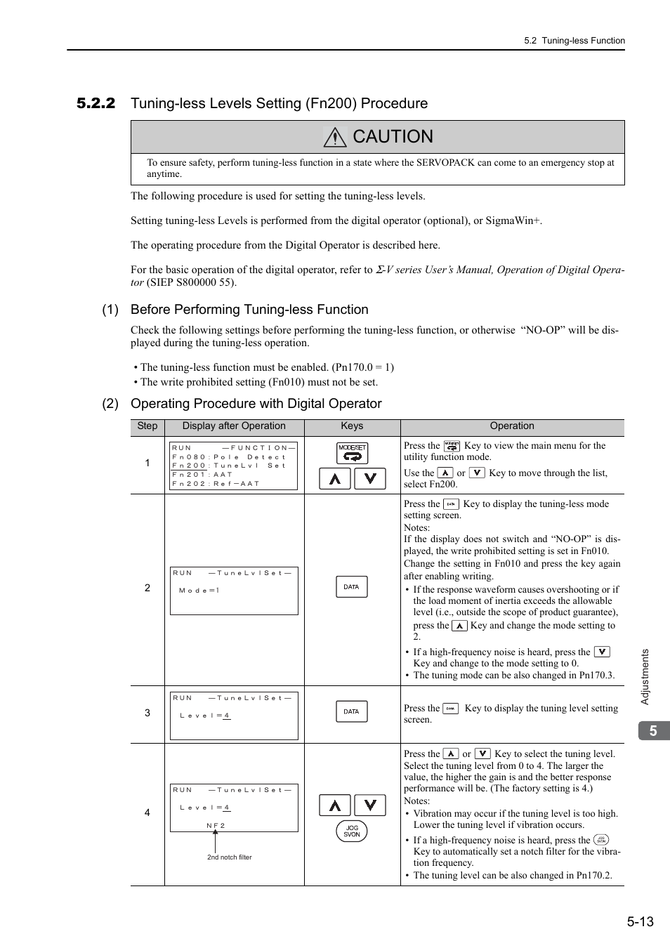 2 tuning-less levels setting (fn200) procedure, Caution, 1) before performing tuning-less function | 2) operating procedure with digital operator | Yaskawa Sigma-5 User Manual: Design and Maintenance - Rotary Motors User Manual | Page 150 / 329