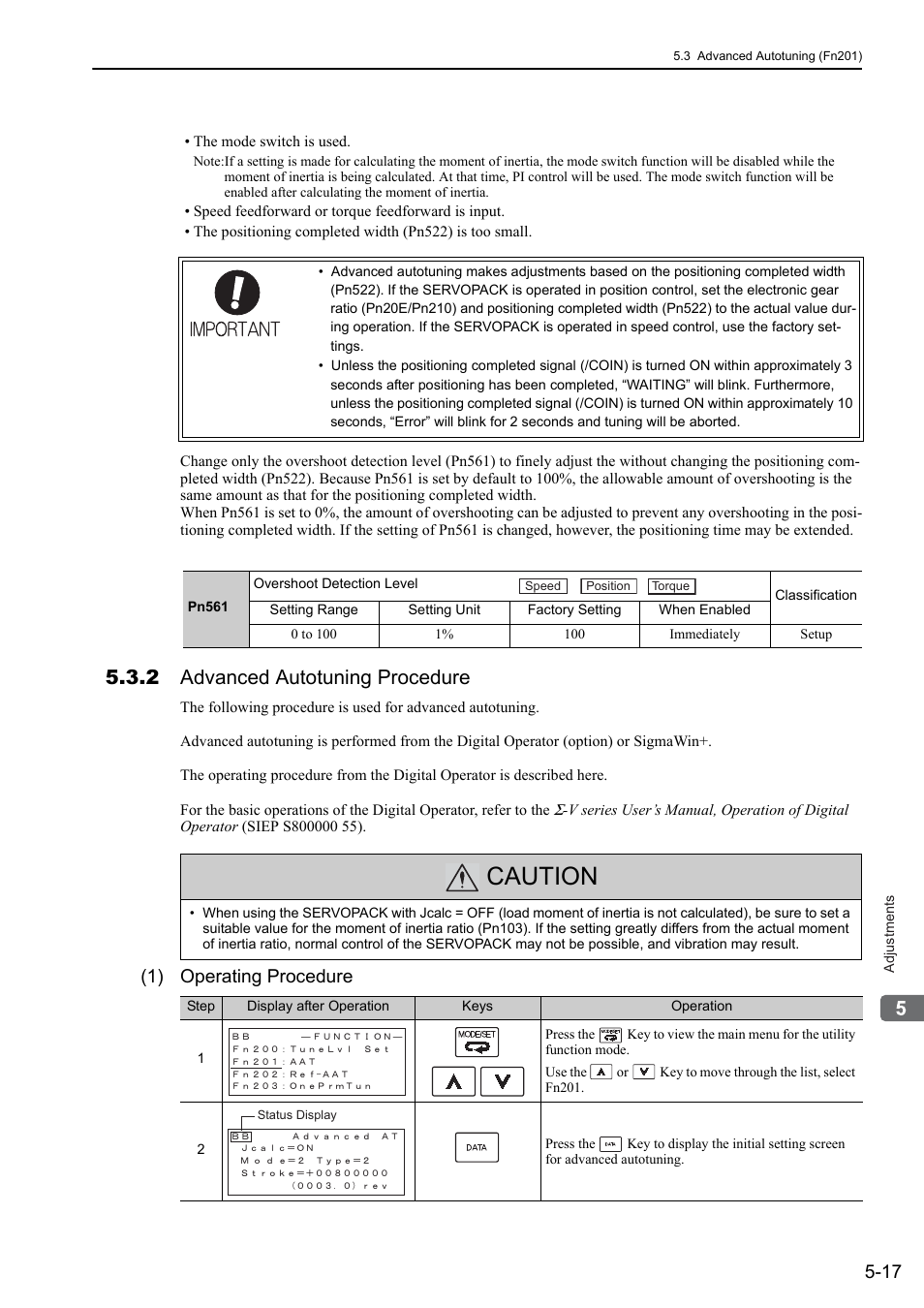 2 advanced autotuning procedure, Caution, 1) operating procedure | Yaskawa Sigma-5 User Manual: Design and Maintenance - Rotary Motors User Manual | Page 154 / 329