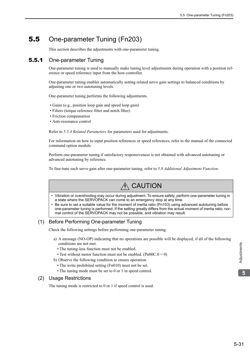 5 one-parameter tuning (fn203), 1 one-parameter tuning, Caution | Yaskawa Sigma-5 User Manual: Design and Maintenance - Rotary Motors User Manual | Page 168 / 329