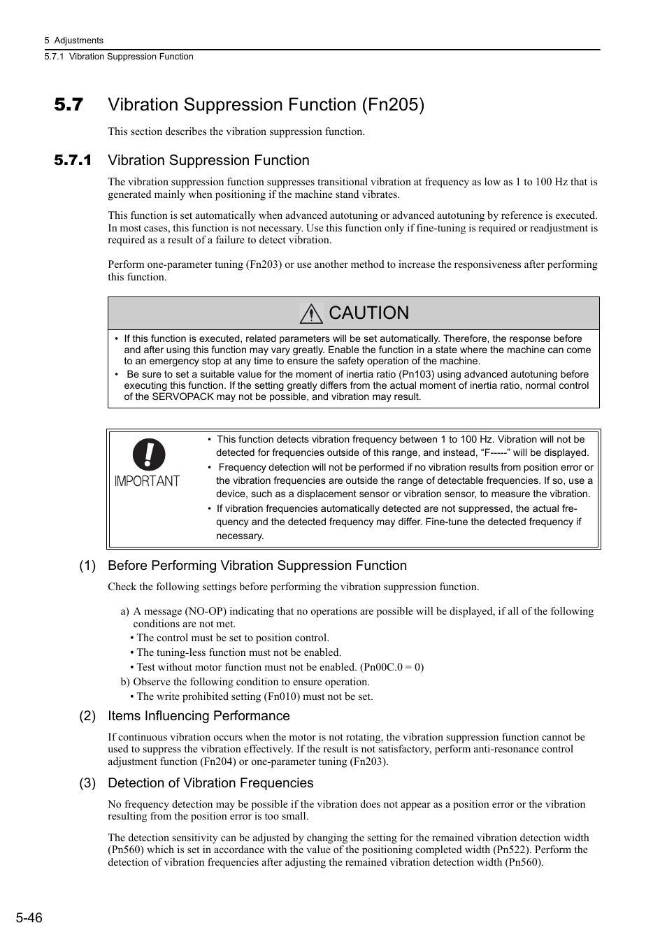 7 vibration suppression function (fn205), 1 vibration suppression function, Caution | Yaskawa Sigma-5 User Manual: Design and Maintenance - Rotary Motors User Manual | Page 183 / 329