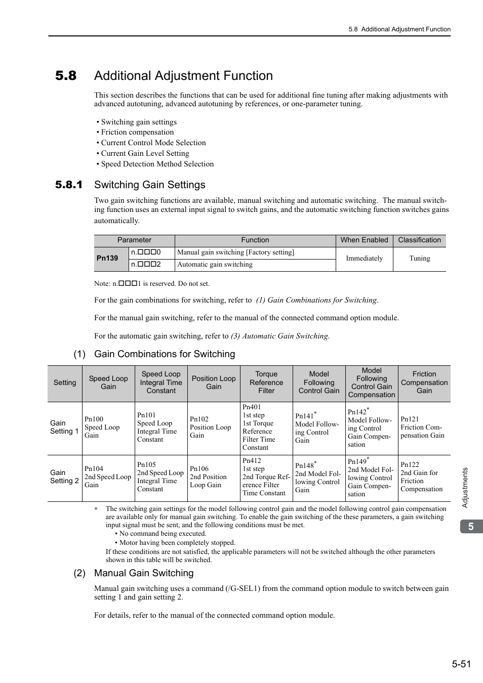 8 additional adjustment function, 1 switching gain settings, 1) gain combinations for switching | 2) manual gain switching | Yaskawa Sigma-5 User Manual: Design and Maintenance - Rotary Motors User Manual | Page 188 / 329
