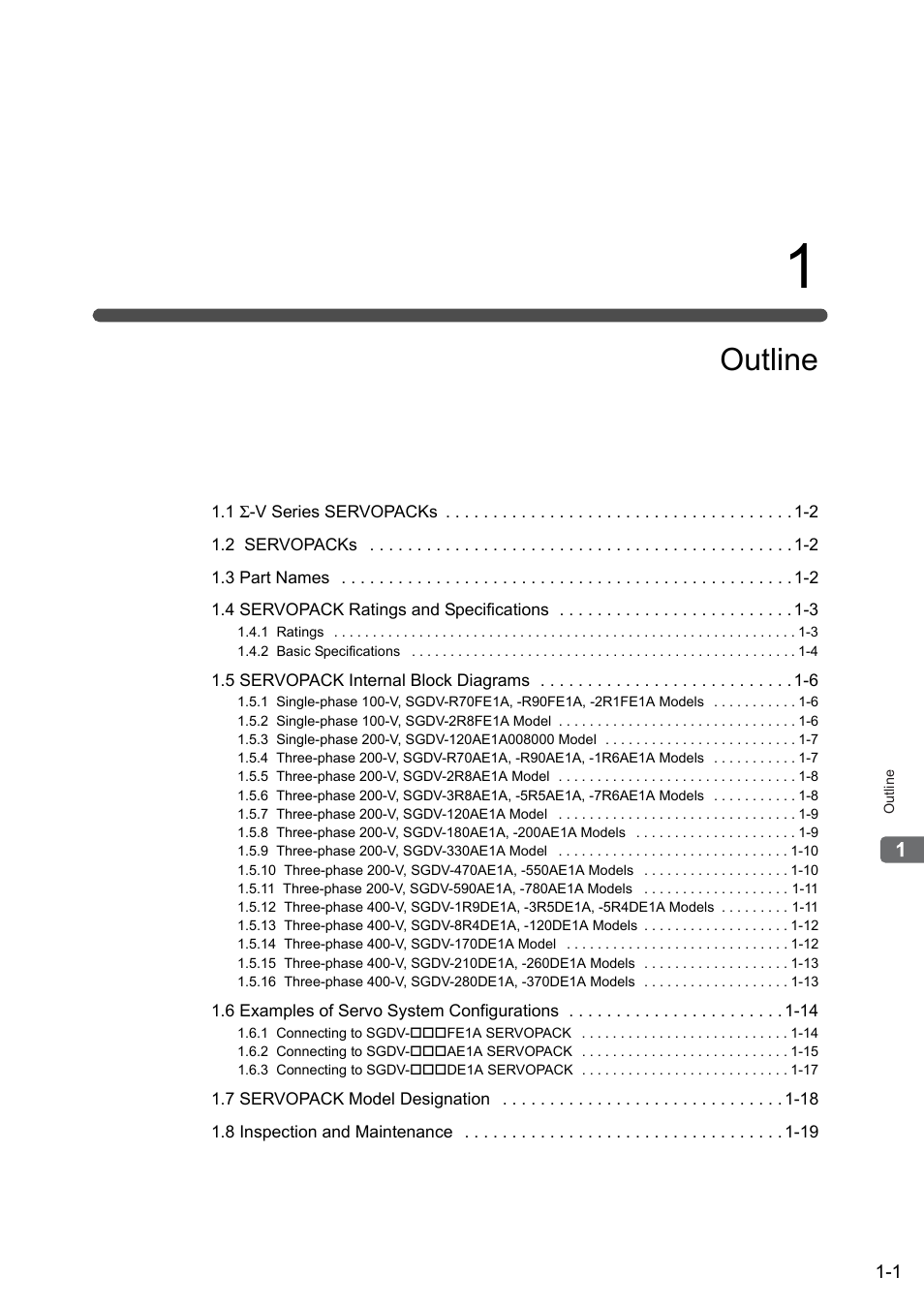 1 outline, Outline | Yaskawa Sigma-5 User Manual: Design and Maintenance - Rotary Motors User Manual | Page 19 / 329