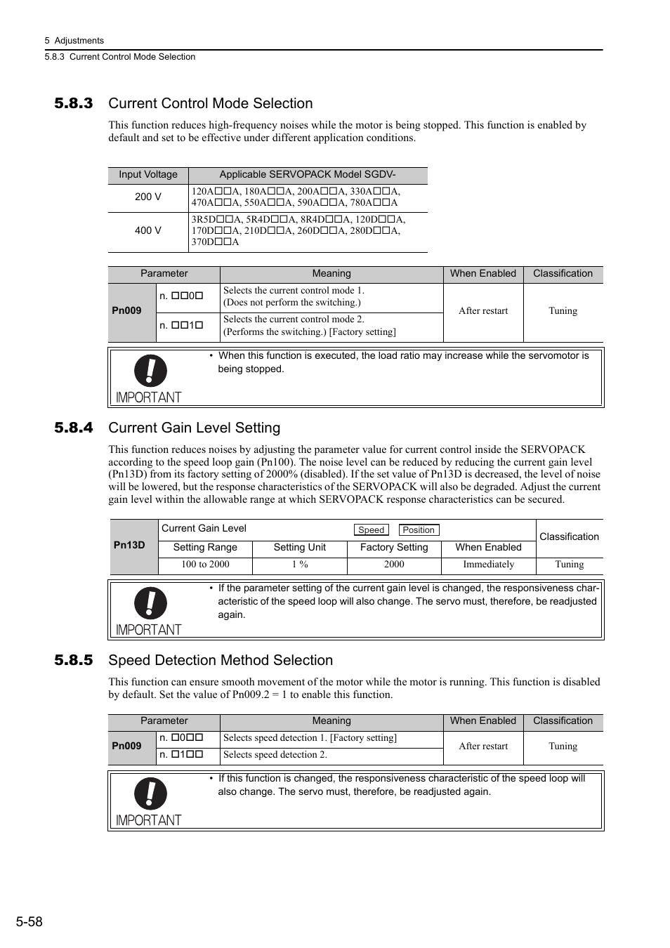 3 current control mode selection, 4 current gain level setting, 5 speed detection method selection | Yaskawa Sigma-5 User Manual: Design and Maintenance - Rotary Motors User Manual | Page 195 / 329