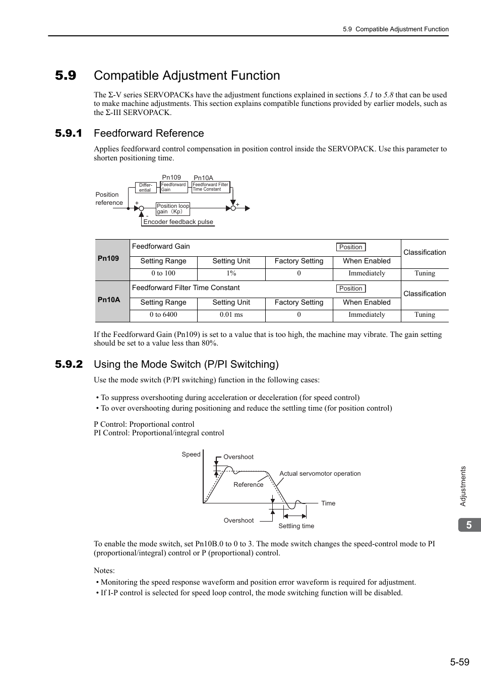 9 compatible adjustment function, 1 feedforward reference, 2 using the mode switch (p/pi switching) | Yaskawa Sigma-5 User Manual: Design and Maintenance - Rotary Motors User Manual | Page 196 / 329