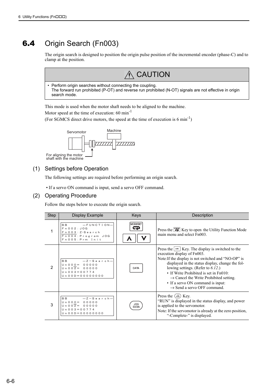 4 origin search (fn003), Caution, 1) settings before operation | 2) operating procedure | Yaskawa Sigma-5 User Manual: Design and Maintenance - Rotary Motors User Manual | Page 208 / 329