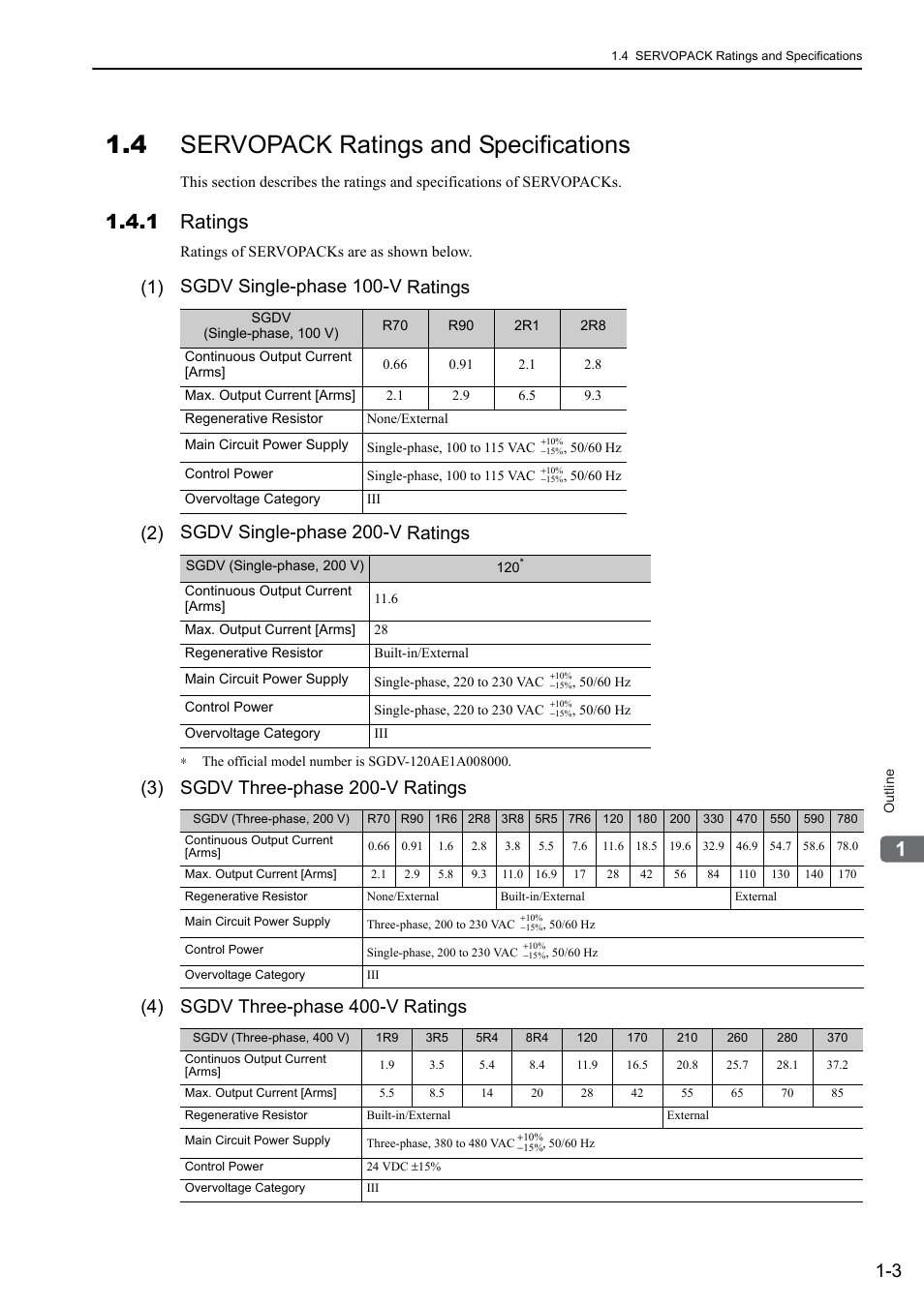 4 servopack ratings and specifications, 1 ratings | Yaskawa Sigma-5 User Manual: Design and Maintenance - Rotary Motors User Manual | Page 21 / 329