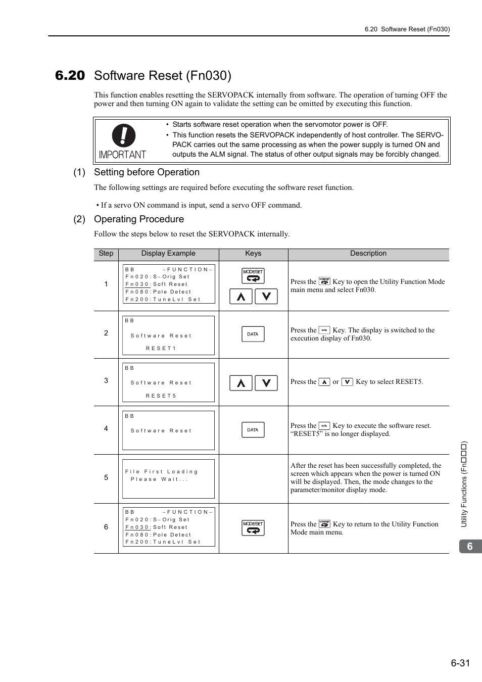 20 software reset (fn030), 1) setting before operation, 2) operating procedure | Yaskawa Sigma-5 User Manual: Design and Maintenance - Rotary Motors User Manual | Page 233 / 329