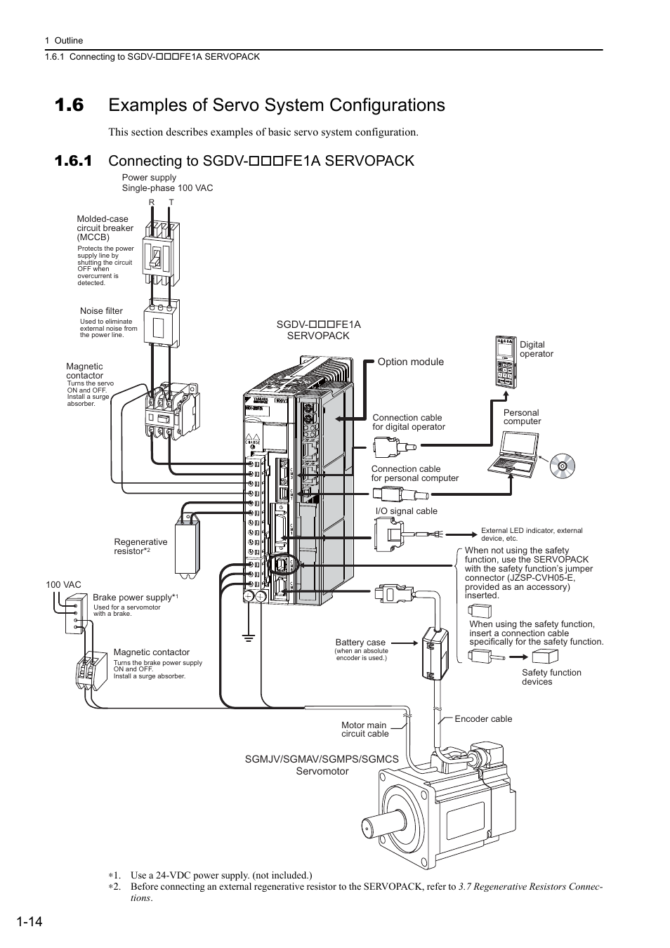 6 examples of servo system configurations, 1 connecting to sgdv-*** fe1a servopack, 1 connecting to sgdv | Fe1a servopack | Yaskawa Sigma-5 User Manual: Design and Maintenance - Rotary Motors User Manual | Page 32 / 329