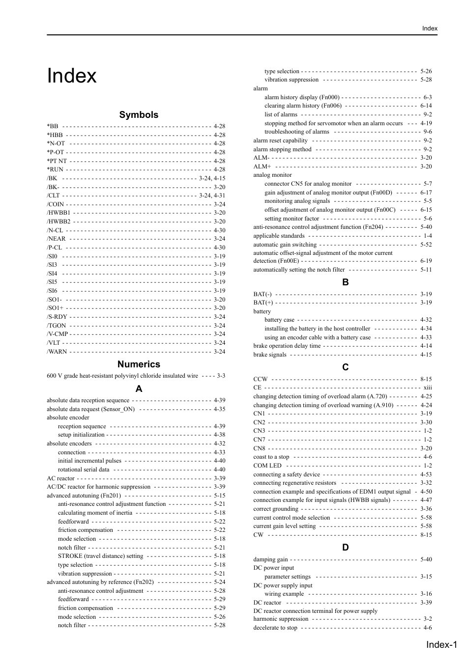Index, Symbols, Numerics | Index-1 | Yaskawa Sigma-5 User Manual: Design and Maintenance - Rotary Motors User Manual | Page 324 / 329