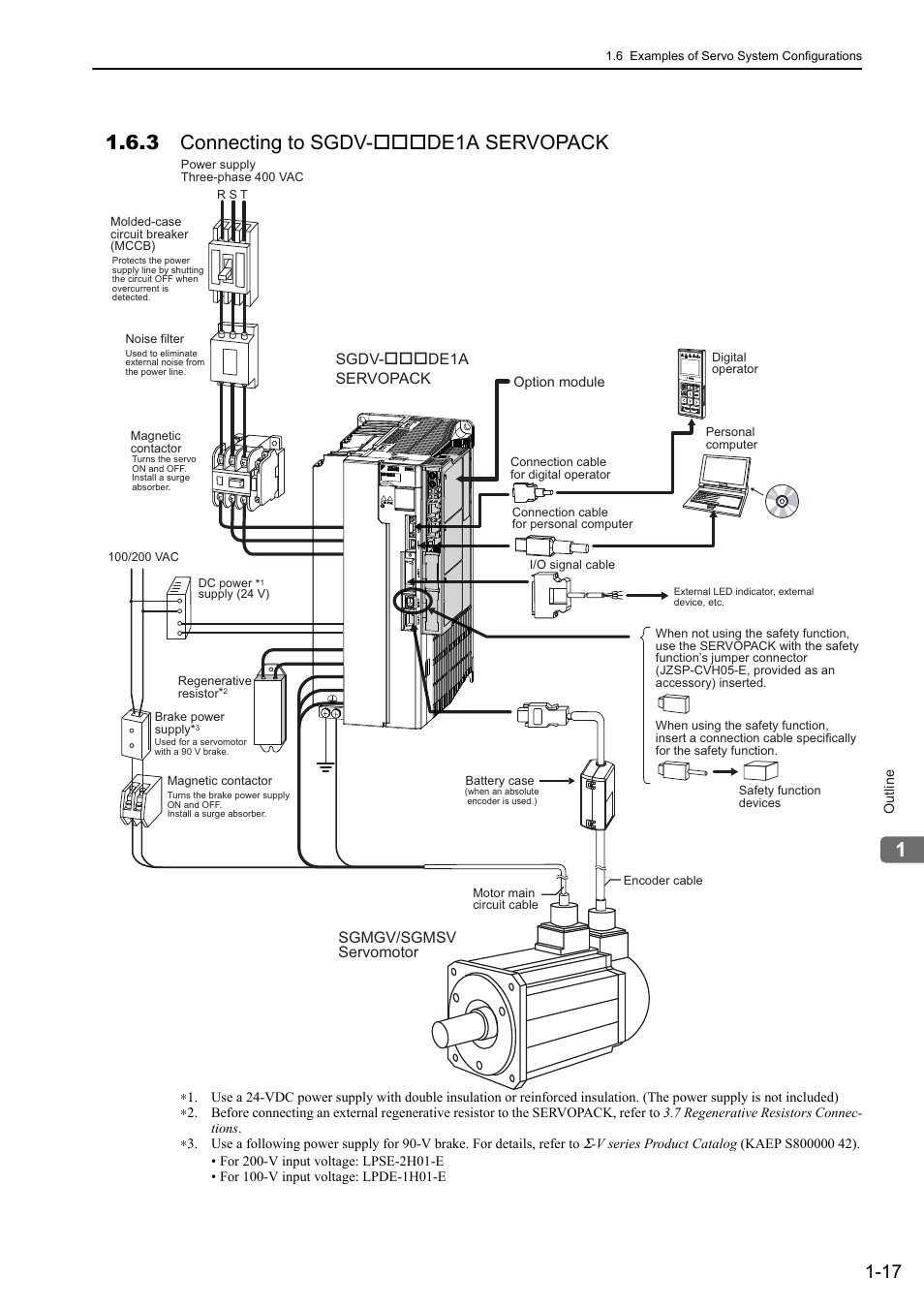 3 connecting to sgdv-*** de1a servopack, 3 connecting to sgdv-de1a servopack, Sgmgv/sgmsv servomotor | Sgdv- de1a servopack | Yaskawa Sigma-5 User Manual: Design and Maintenance - Rotary Motors User Manual | Page 35 / 329
