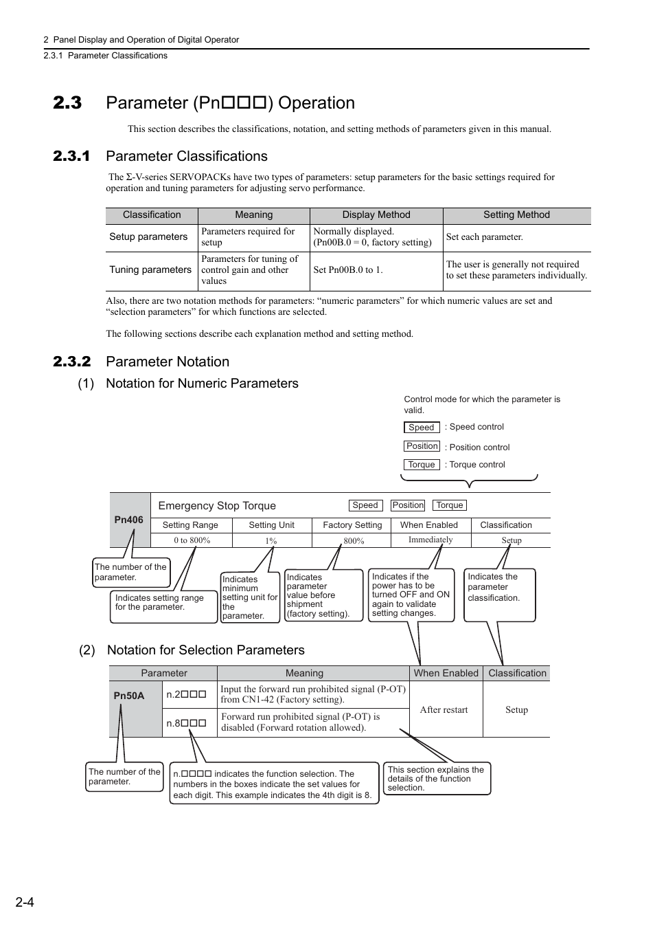 3 parameter (pn*** ) operation, 1 parameter classifications, 2 parameter notation | 3 parameter (pn ) operation, 1) notation for numeric parameters, 2) notation for selection parameters | Yaskawa Sigma-5 User Manual: Design and Maintenance - Rotary Motors User Manual | Page 41 / 329