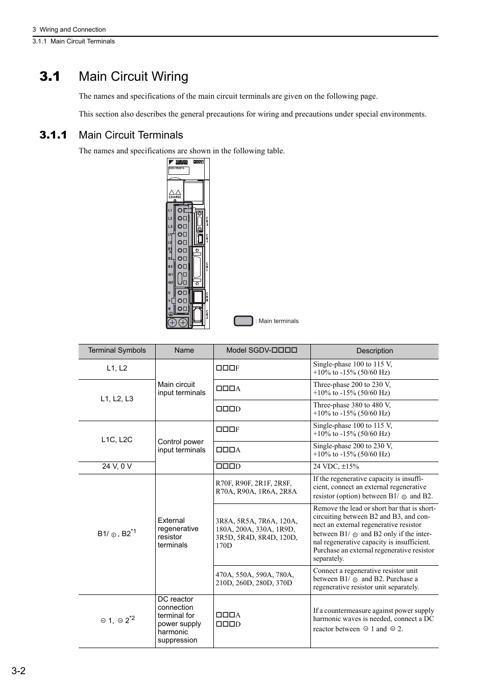 1 main circuit wiring, 1 main circuit terminals | Yaskawa Sigma-5 User Manual: Design and Maintenance - Rotary Motors User Manual | Page 46 / 329