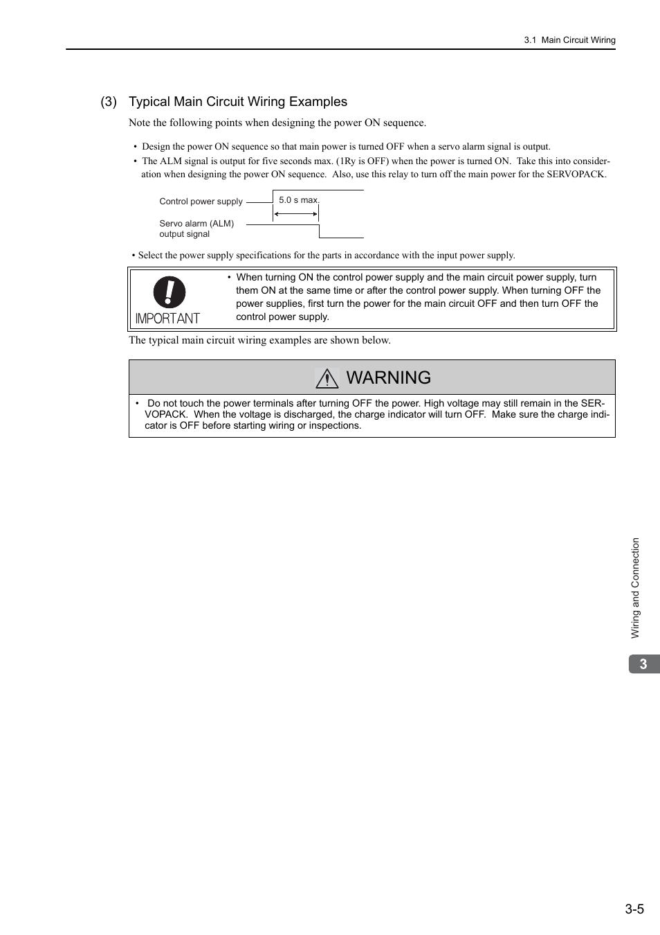 Warning, 3) typical main circuit wiring examples | Yaskawa Sigma-5 User Manual: Design and Maintenance - Rotary Motors User Manual | Page 49 / 329