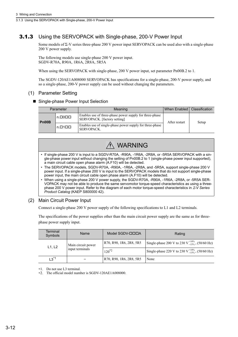 Warning, 1) parameter setting, 2) main circuit power input | Yaskawa Sigma-5 User Manual: Design and Maintenance - Rotary Motors User Manual | Page 56 / 329