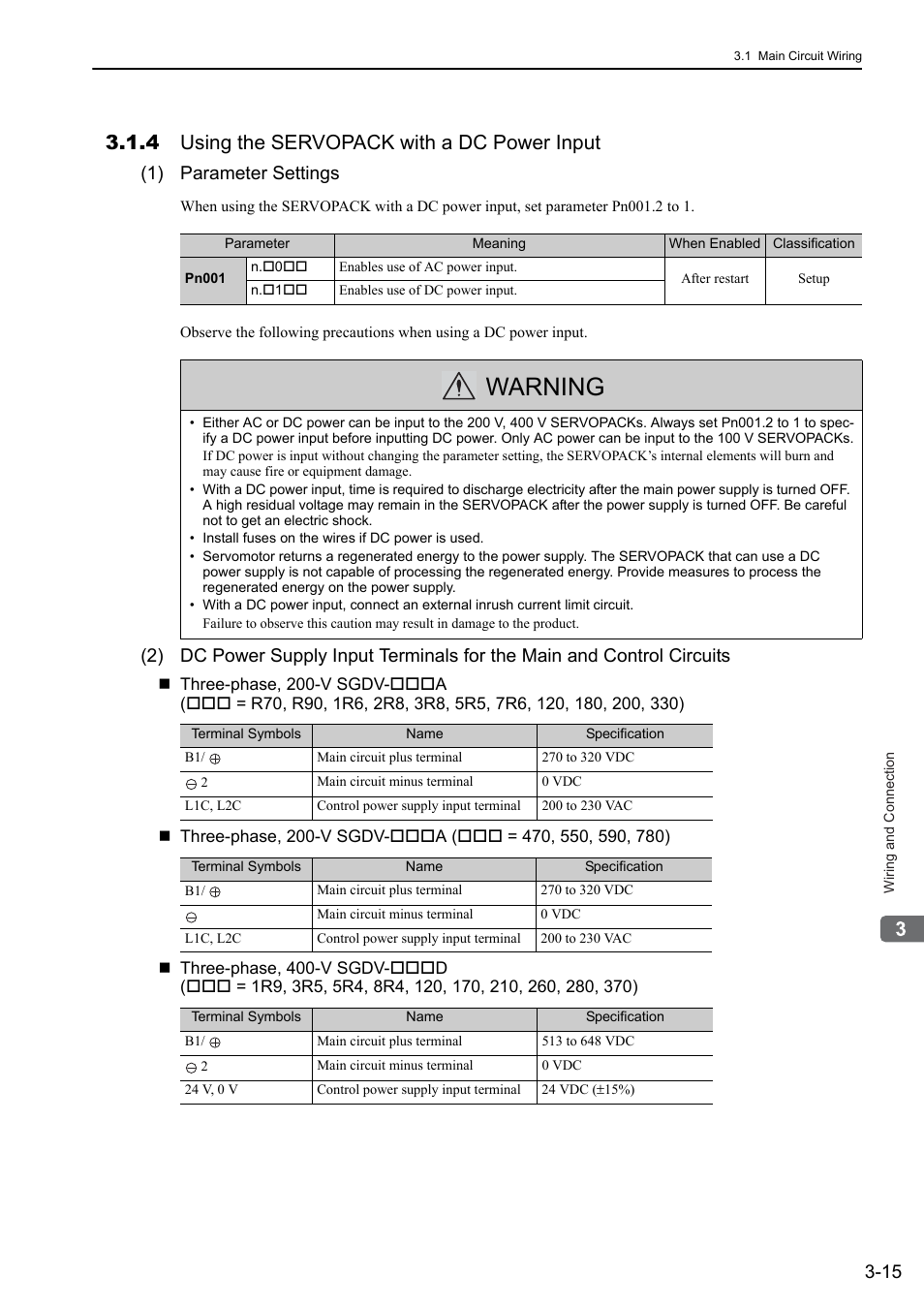 4 using the servopack with a dc power input, Warning, 1) parameter settings | Yaskawa Sigma-5 User Manual: Design and Maintenance - Rotary Motors User Manual | Page 59 / 329