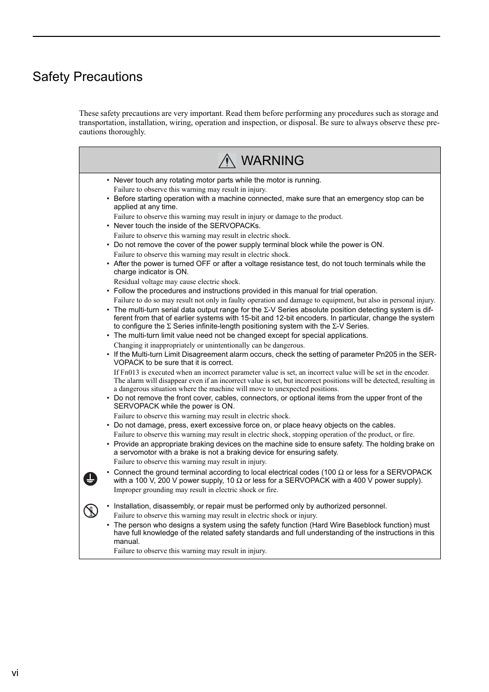 Safety precautions, Warning | Yaskawa Sigma-5 User Manual: Design and Maintenance - Rotary Motors User Manual | Page 6 / 329