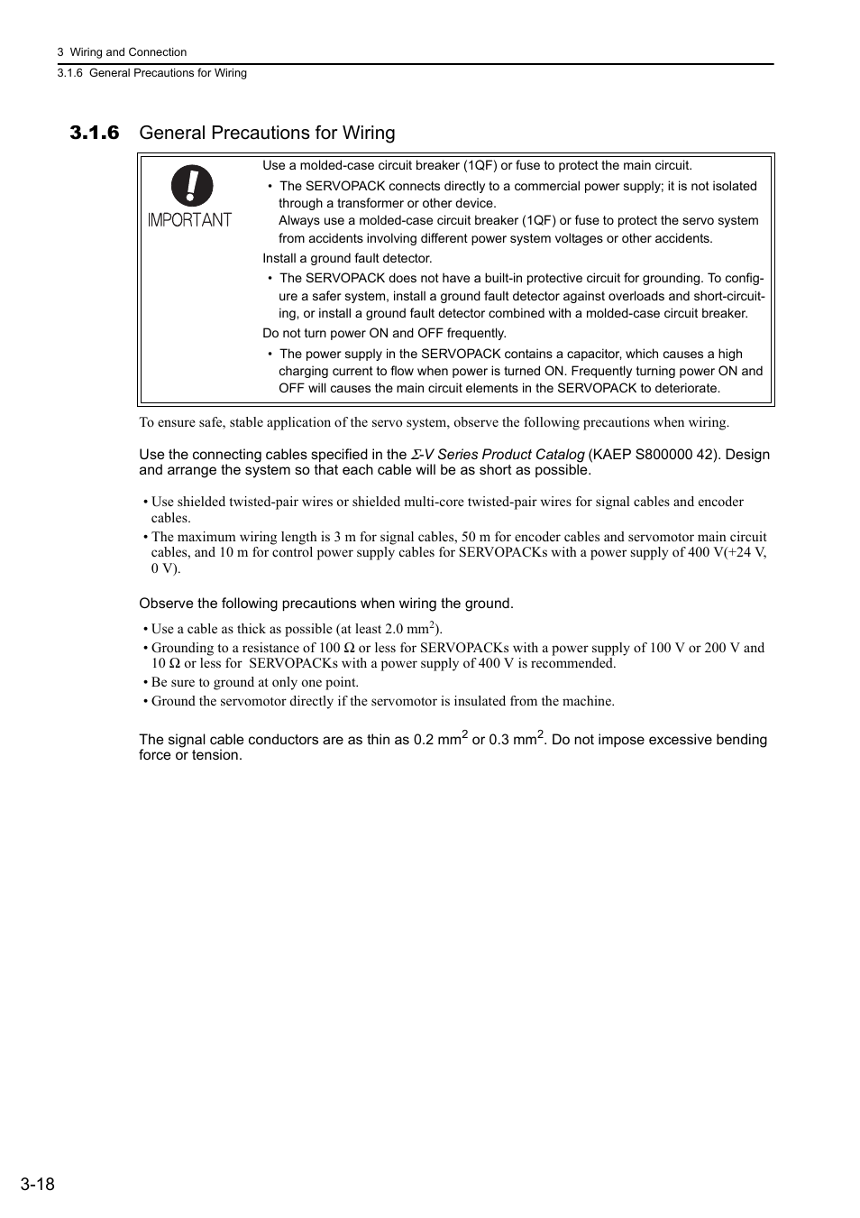 6 general precautions for wiring | Yaskawa Sigma-5 User Manual: Design and Maintenance - Rotary Motors User Manual | Page 62 / 329