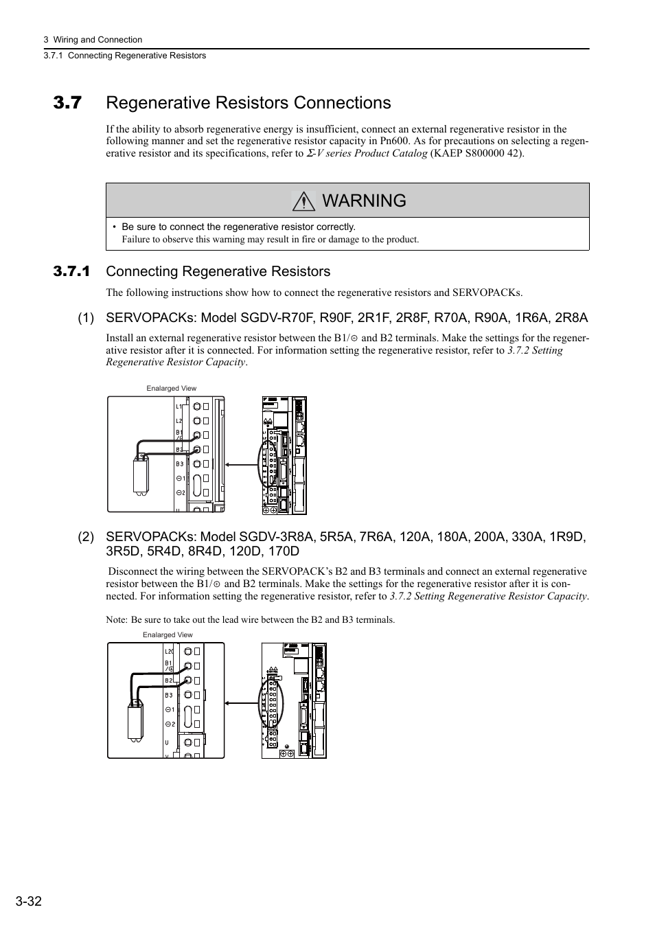 7 regenerative resistors connections, 1 connecting regenerative resistors, Warning | Yaskawa Sigma-5 User Manual: Design and Maintenance - Rotary Motors User Manual | Page 76 / 329