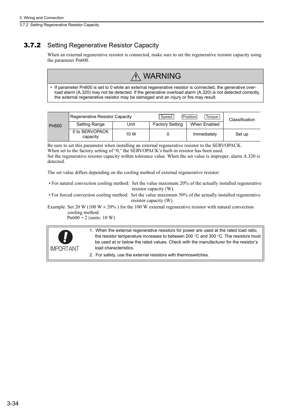 2 setting regenerative resistor capacity, Warning | Yaskawa Sigma-5 User Manual: Design and Maintenance - Rotary Motors User Manual | Page 78 / 329