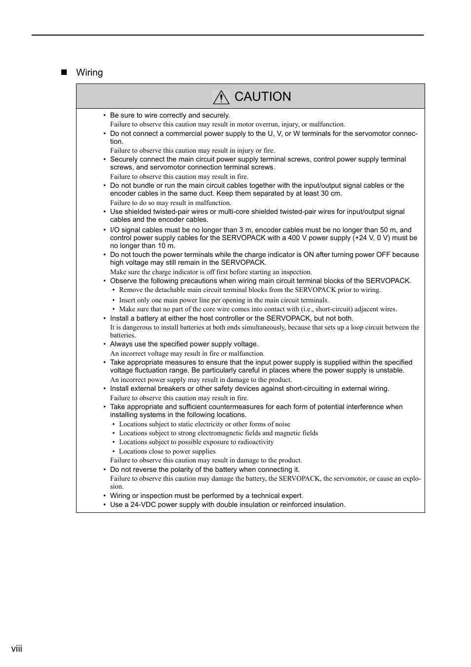 Caution, Viii wiring | Yaskawa Sigma-5 User Manual: Design and Maintenance - Rotary Motors User Manual | Page 8 / 329