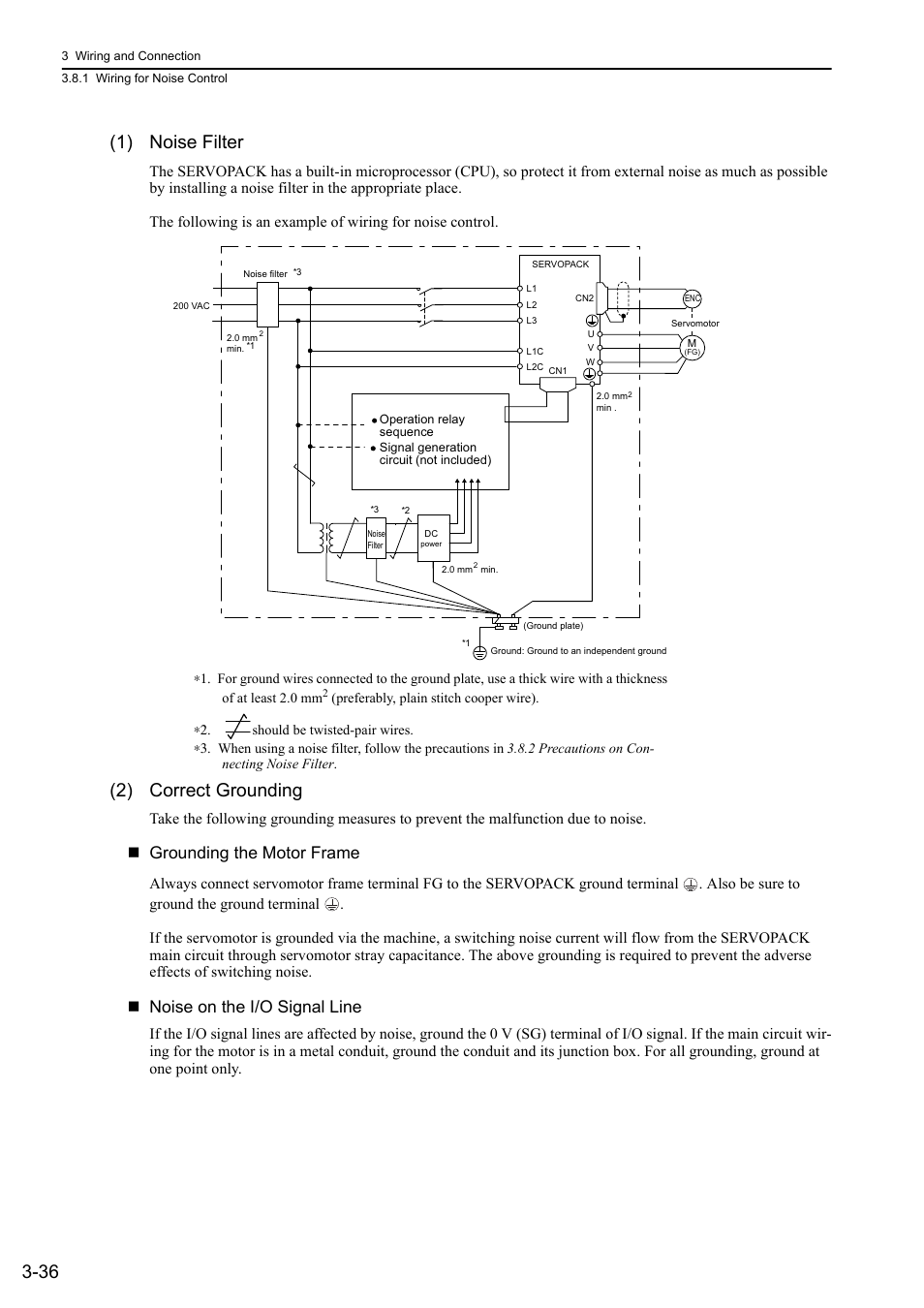 36 (1) noise filter, 2) correct grounding, Grounding the motor frame | Noise on the i/o signal line | Yaskawa Sigma-5 User Manual: Design and Maintenance - Rotary Motors User Manual | Page 80 / 329