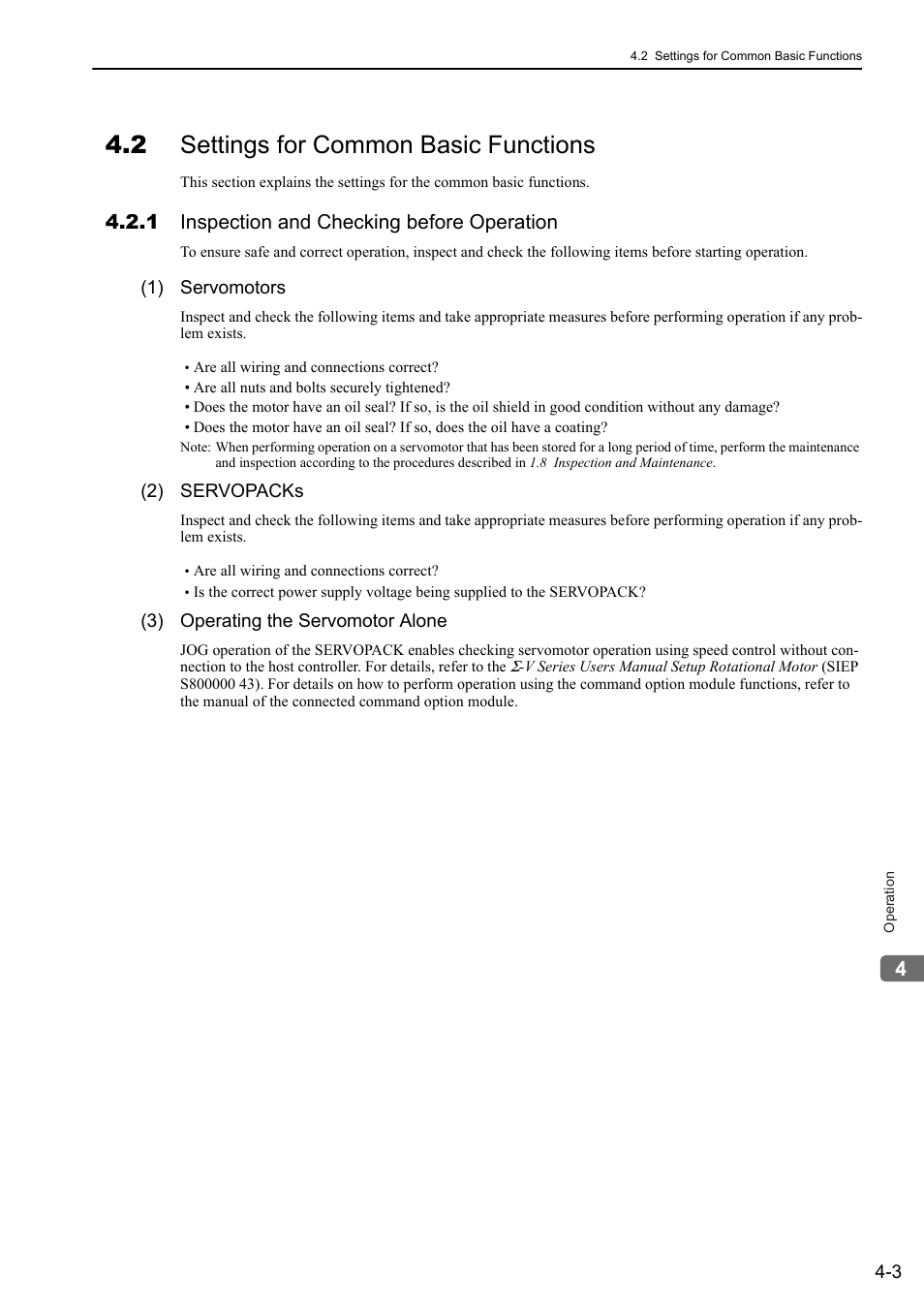 2 settings for common basic functions, 1 inspection and checking before operation | Yaskawa Sigma-5 User Manual: Design and Maintenance - Rotary Motors User Manual | Page 86 / 329