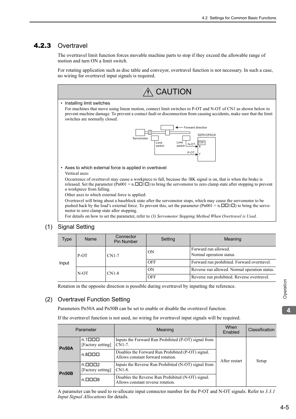 3 overtravel, Caution, 1) signal setting | 2) overtravel function setting | Yaskawa Sigma-5 User Manual: Design and Maintenance - Rotary Motors User Manual | Page 88 / 329