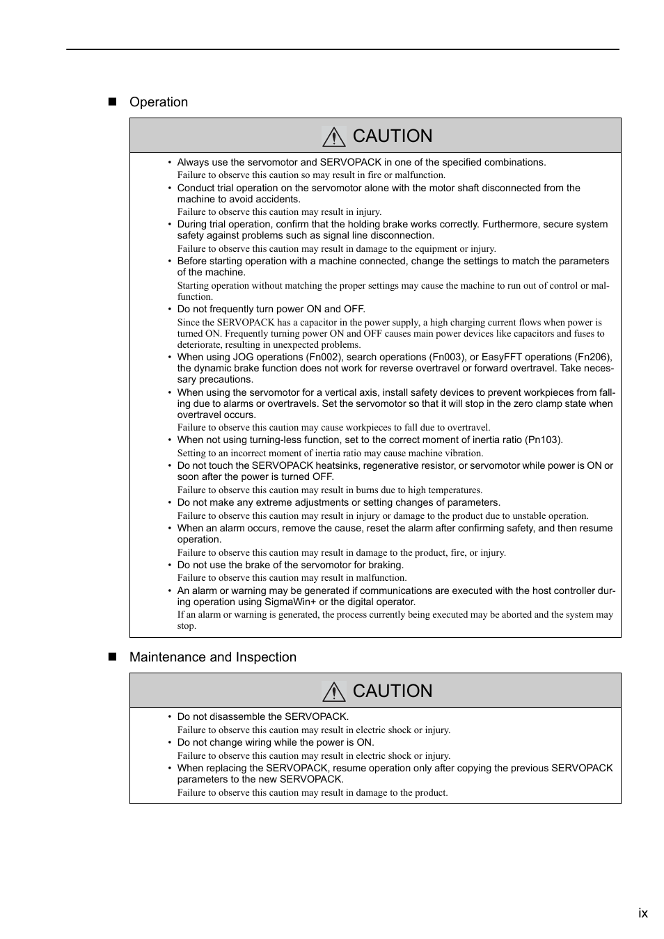 Caution, Ix operation maintenance and inspection | Yaskawa Sigma-5 User Manual: Design and Maintenance - Rotary Motors User Manual | Page 9 / 329