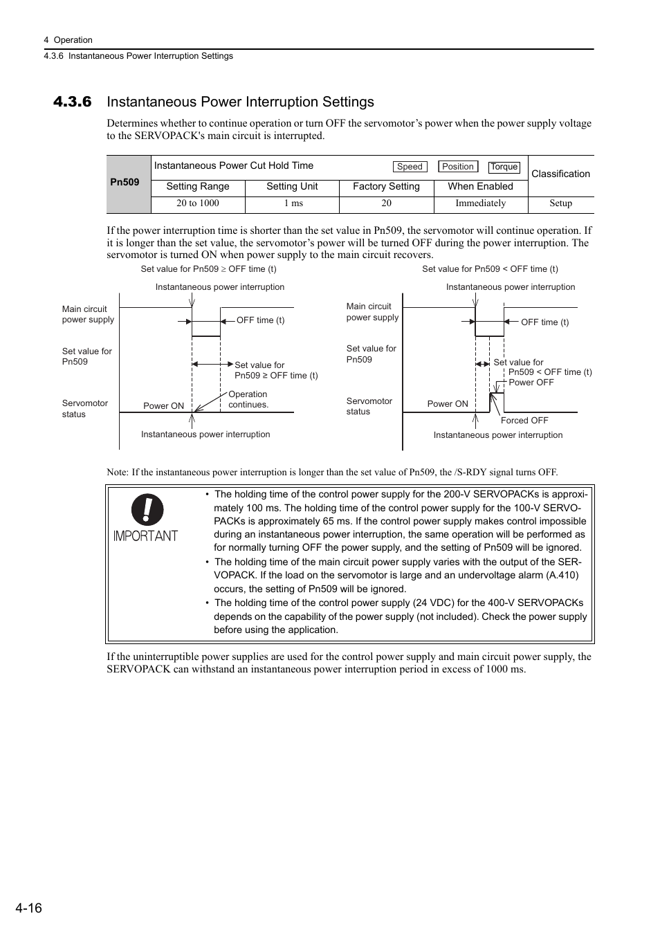 6 instantaneous power interruption settings | Yaskawa Sigma-5 User Manual: Design and Maintenance - Rotary Motors MECHATROLINK-III Communications Reference User Manual | Page 101 / 391