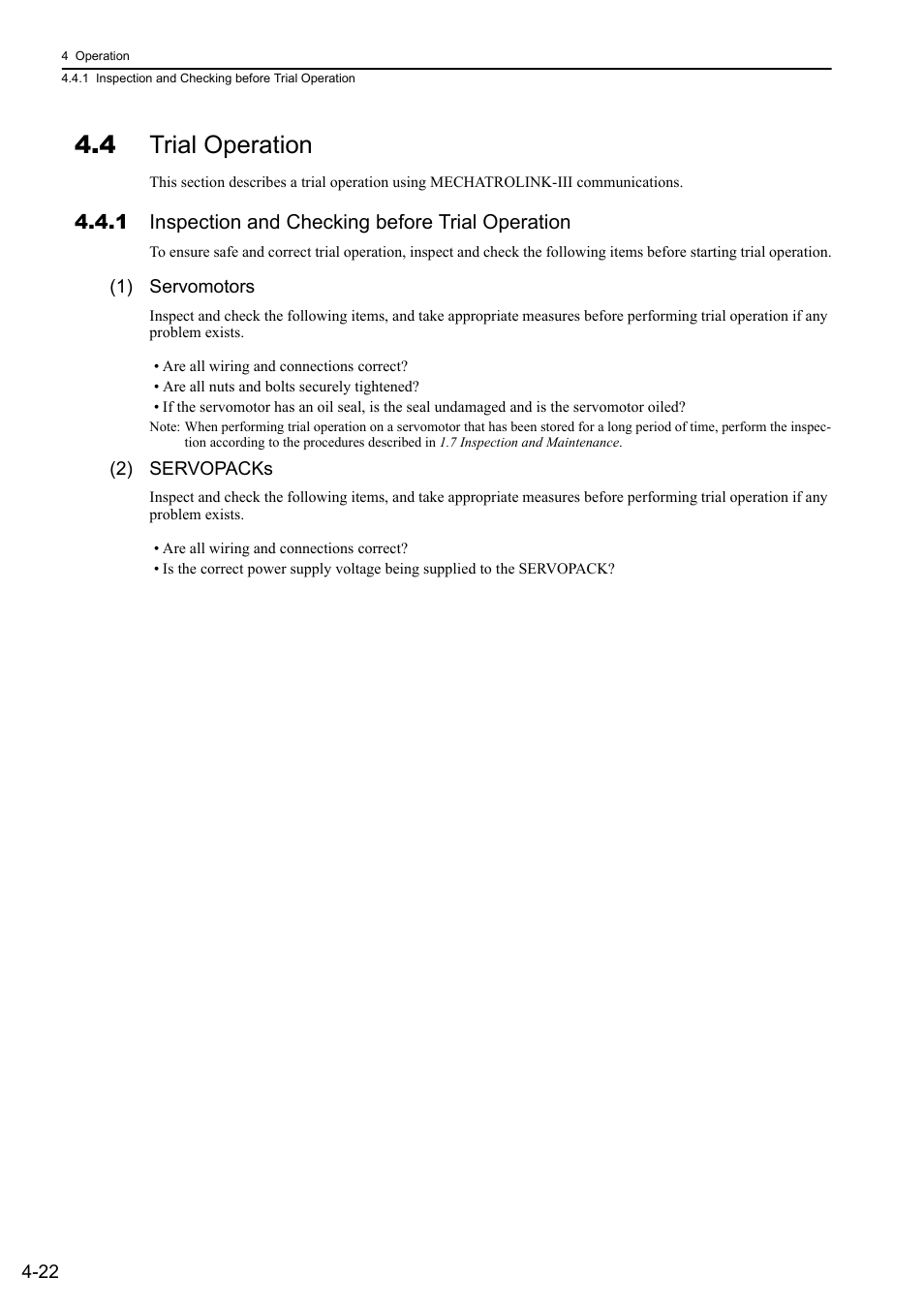 4 trial operation, 1 inspection and checking before trial operation | Yaskawa Sigma-5 User Manual: Design and Maintenance - Rotary Motors MECHATROLINK-III Communications Reference User Manual | Page 107 / 391