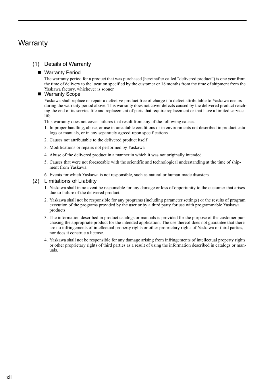 Warranty | Yaskawa Sigma-5 User Manual: Design and Maintenance - Rotary Motors MECHATROLINK-III Communications Reference User Manual | Page 12 / 391
