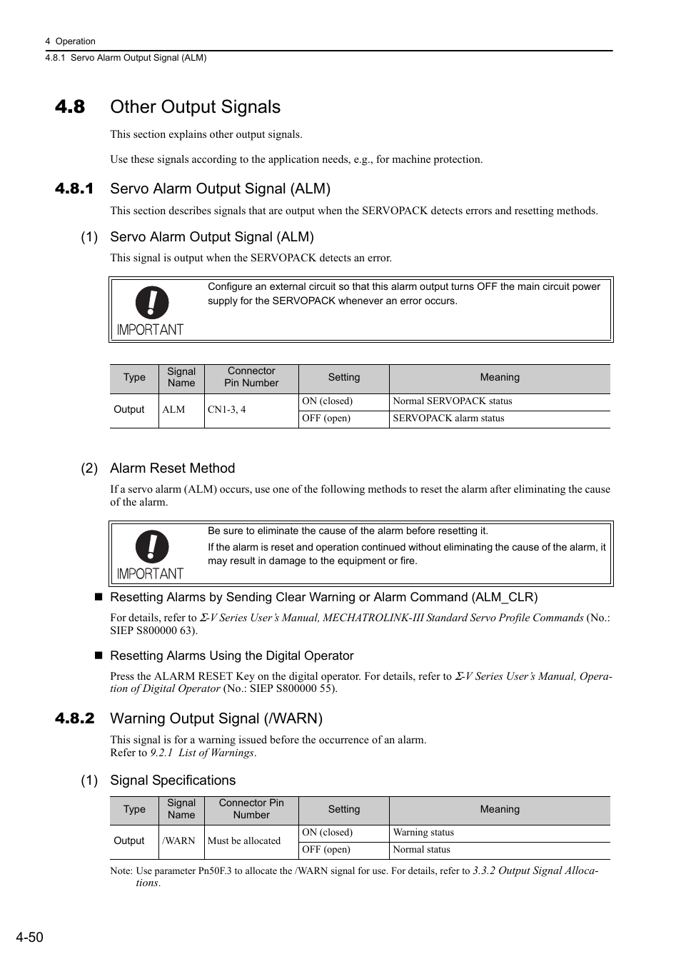 8 other output signals, 1 servo alarm output signal (alm), 2 warning output signal (/warn) | 1) servo alarm output signal (alm), 2) alarm reset method, 1) signal specifications | Yaskawa Sigma-5 User Manual: Design and Maintenance - Rotary Motors MECHATROLINK-III Communications Reference User Manual | Page 135 / 391