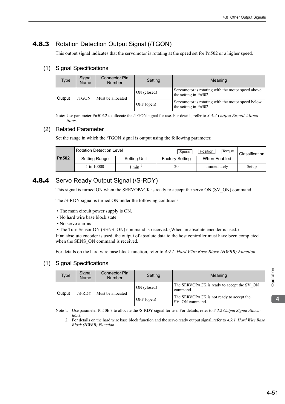 3 rotation detection output signal (/tgon), 4 servo ready output signal (/s-rdy), 1) signal specifications | 2) related parameter | Yaskawa Sigma-5 User Manual: Design and Maintenance - Rotary Motors MECHATROLINK-III Communications Reference User Manual | Page 136 / 391