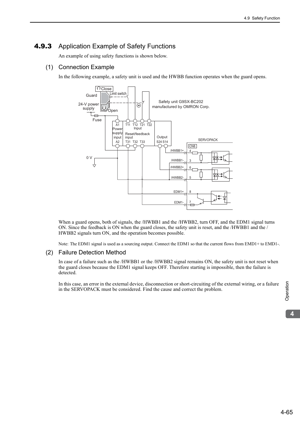 3 application example of safety functions, 1) connection example, 2) failure detection method | Yaskawa Sigma-5 User Manual: Design and Maintenance - Rotary Motors MECHATROLINK-III Communications Reference User Manual | Page 150 / 391