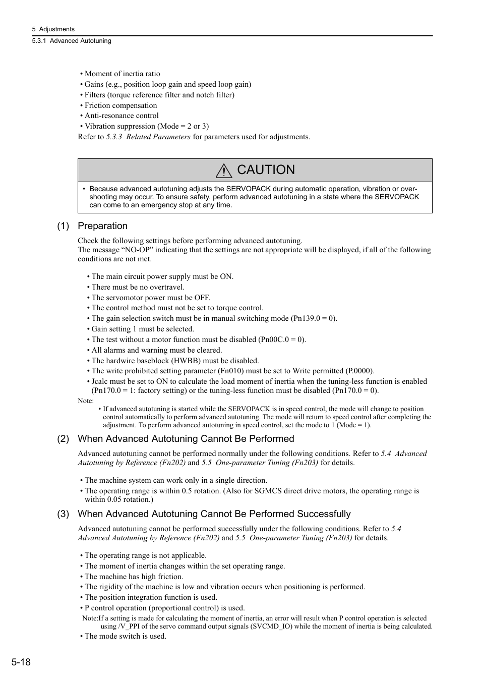 Caution, 1) preparation, 2) when advanced autotuning cannot be performed | Yaskawa Sigma-5 User Manual: Design and Maintenance - Rotary Motors MECHATROLINK-III Communications Reference User Manual | Page 172 / 391