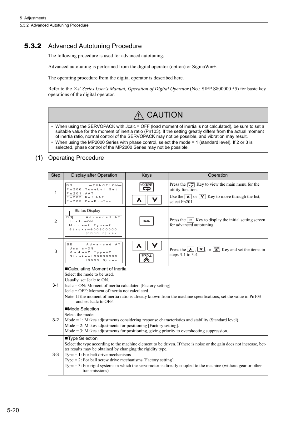 2 advanced autotuning procedure, Caution, 1) operating procedure | Yaskawa Sigma-5 User Manual: Design and Maintenance - Rotary Motors MECHATROLINK-III Communications Reference User Manual | Page 174 / 391