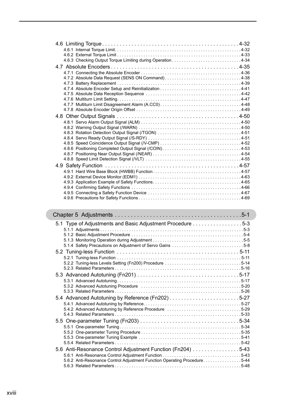 Xviii, Chapter 5 adjustments -1 | Yaskawa Sigma-5 User Manual: Design and Maintenance - Rotary Motors MECHATROLINK-III Communications Reference User Manual | Page 18 / 391