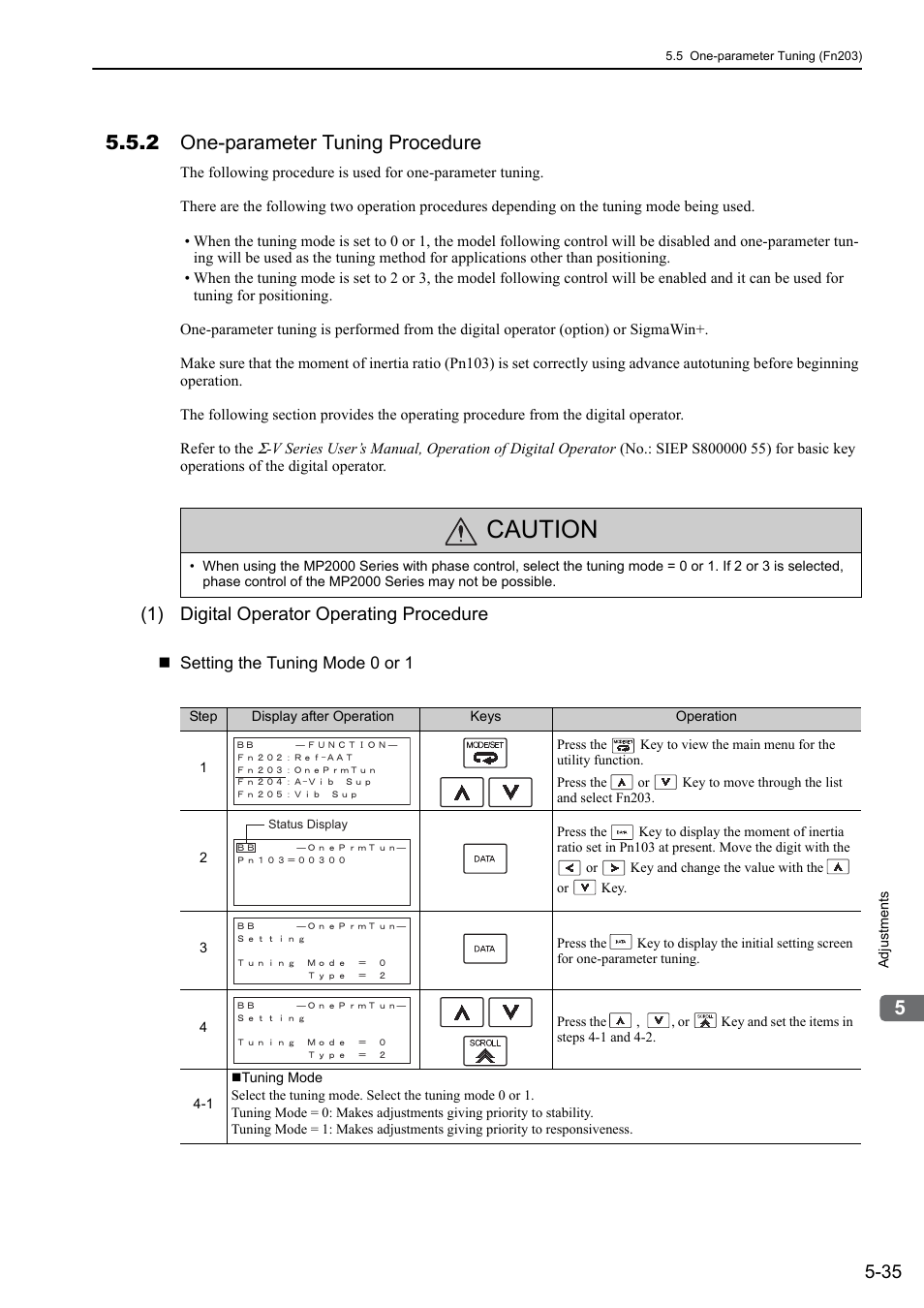 2 one-parameter tuning procedure, Caution, 1) digital operator operating procedure | Yaskawa Sigma-5 User Manual: Design and Maintenance - Rotary Motors MECHATROLINK-III Communications Reference User Manual | Page 189 / 391