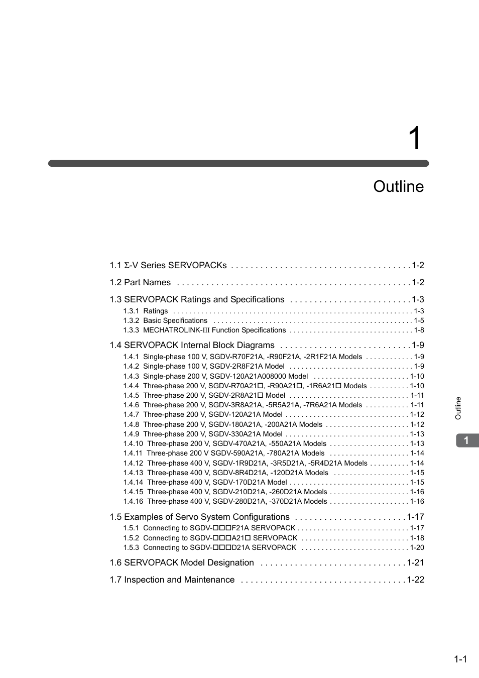 1 outline, Outline | Yaskawa Sigma-5 User Manual: Design and Maintenance - Rotary Motors MECHATROLINK-III Communications Reference User Manual | Page 21 / 391