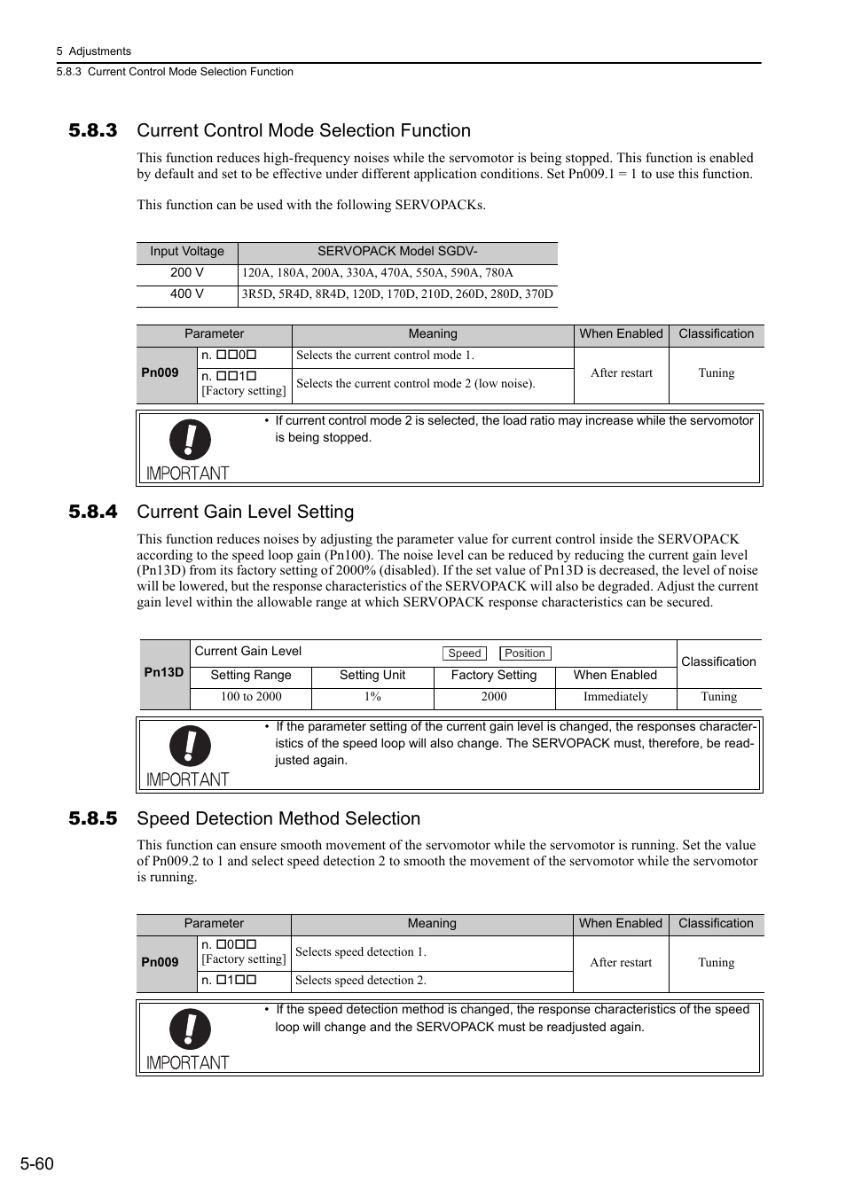 3 current control mode selection function, 4 current gain level setting, 5 speed detection method selection | Yaskawa Sigma-5 User Manual: Design and Maintenance - Rotary Motors MECHATROLINK-III Communications Reference User Manual | Page 214 / 391