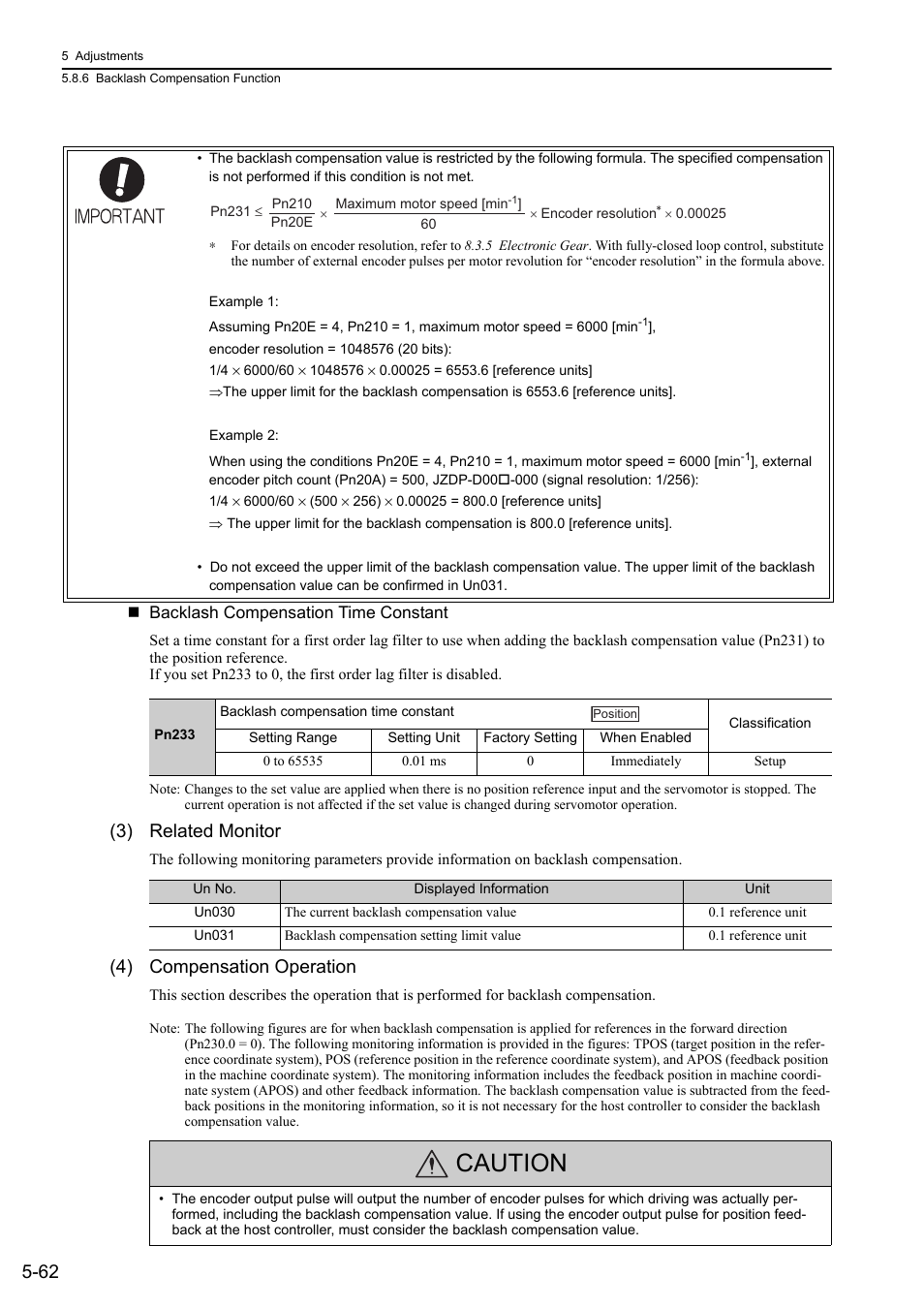 Caution, 3) related monitor, 4) compensation operation | Yaskawa Sigma-5 User Manual: Design and Maintenance - Rotary Motors MECHATROLINK-III Communications Reference User Manual | Page 216 / 391