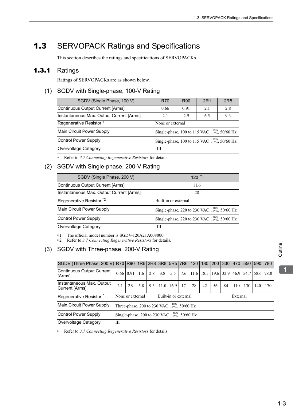 3 servopack ratings and specifications, 1 ratings, 1) sgdv with single-phase, 100-v rating | 2) sgdv with single-phase, 200-v rating, 3) sgdv with three-phase, 200-v rating | Yaskawa Sigma-5 User Manual: Design and Maintenance - Rotary Motors MECHATROLINK-III Communications Reference User Manual | Page 23 / 391