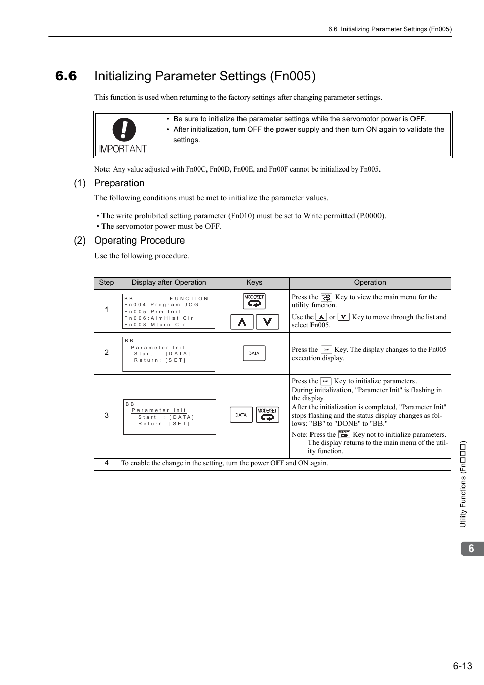 6 initializing parameter settings (fn005), 1) preparation, 2) operating procedure | Yaskawa Sigma-5 User Manual: Design and Maintenance - Rotary Motors MECHATROLINK-III Communications Reference User Manual | Page 239 / 391