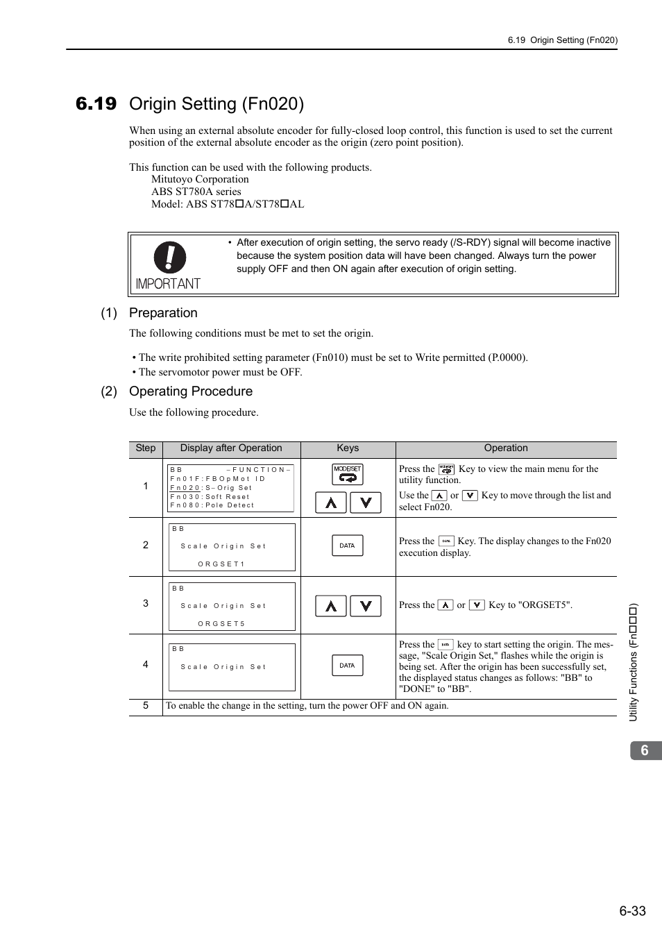 19 origin setting (fn020), 1) preparation, 2) operating procedure | Yaskawa Sigma-5 User Manual: Design and Maintenance - Rotary Motors MECHATROLINK-III Communications Reference User Manual | Page 259 / 391