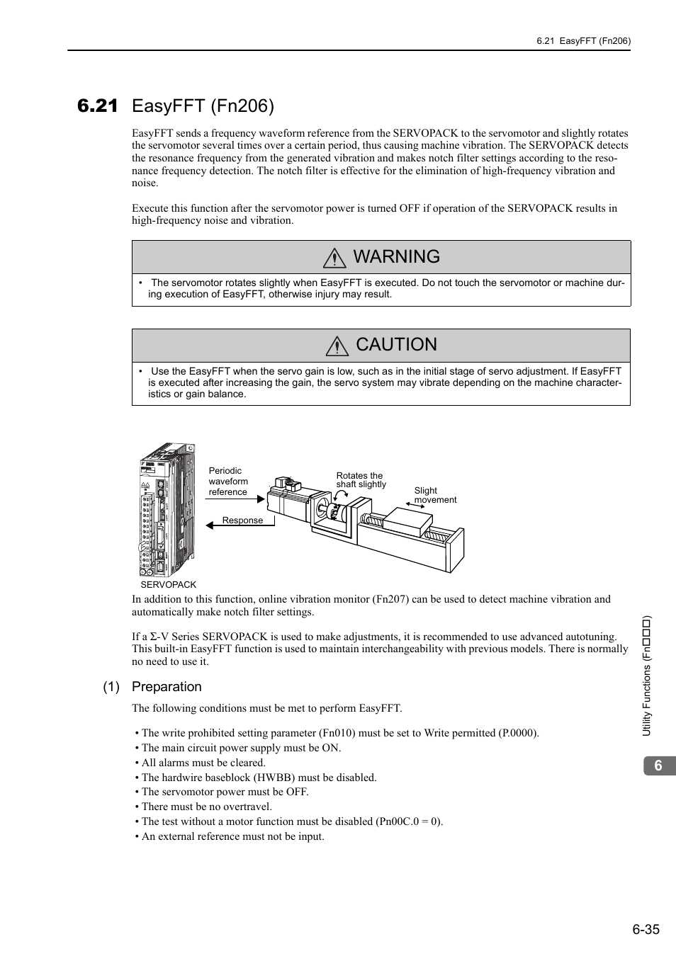 21 easyfft (fn206), Warning, Caution | 1) preparation | Yaskawa Sigma-5 User Manual: Design and Maintenance - Rotary Motors MECHATROLINK-III Communications Reference User Manual | Page 261 / 391