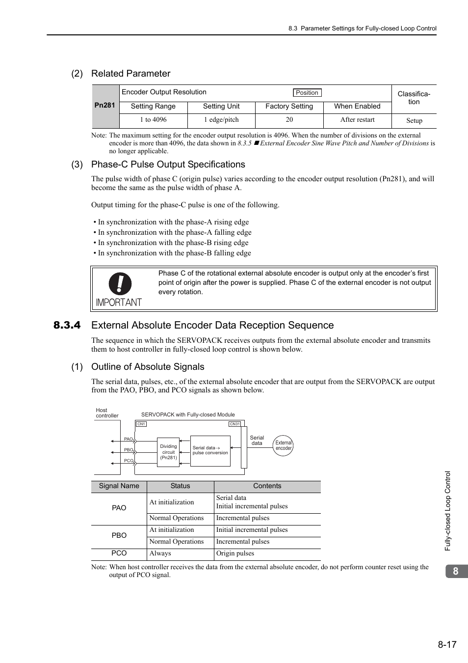 2) related parameter, 3) phase-c pulse output specifications, 1) outline of absolute signals | 46 and 64 | Yaskawa Sigma-5 User Manual: Design and Maintenance - Rotary Motors MECHATROLINK-III Communications Reference User Manual | Page 291 / 391