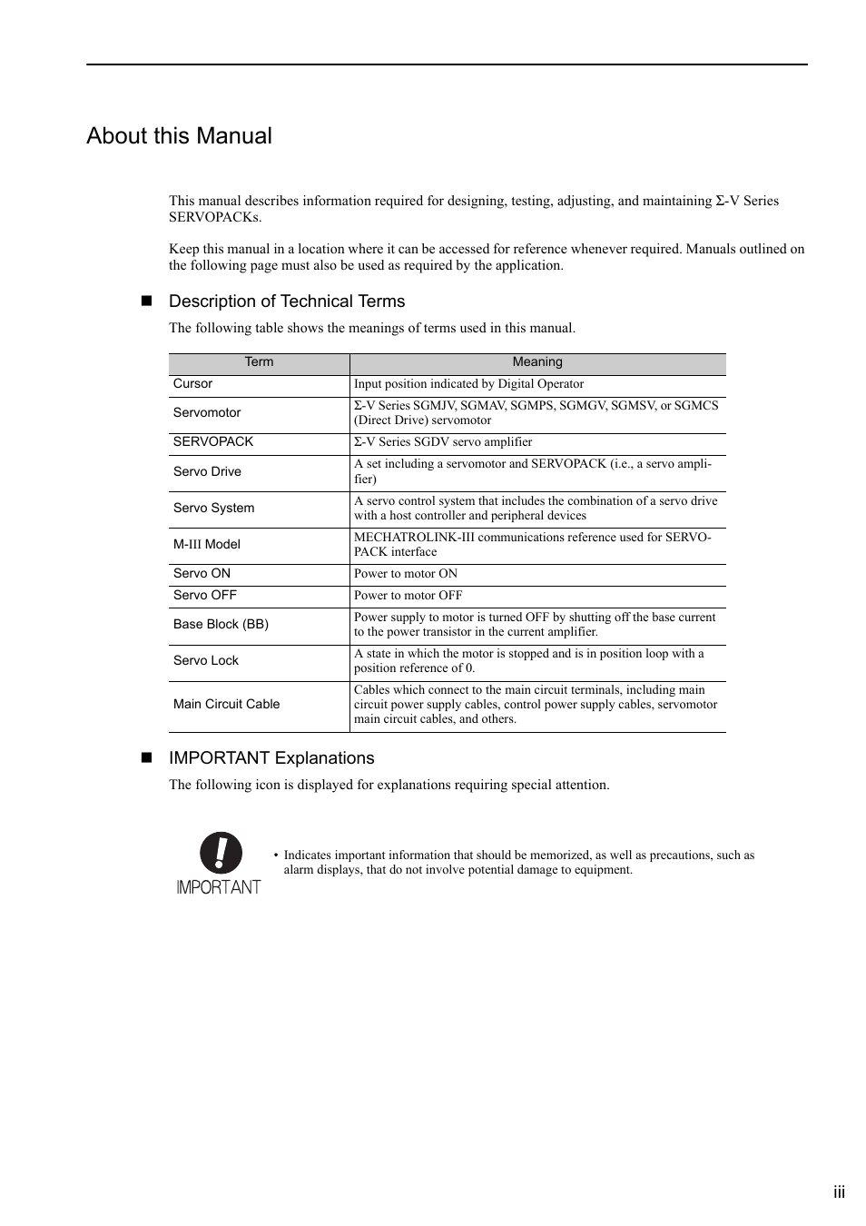 About this manual, Description of technical terms, Important explanations | Yaskawa Sigma-5 User Manual: Design and Maintenance - Rotary Motors MECHATROLINK-III Communications Reference User Manual | Page 3 / 391